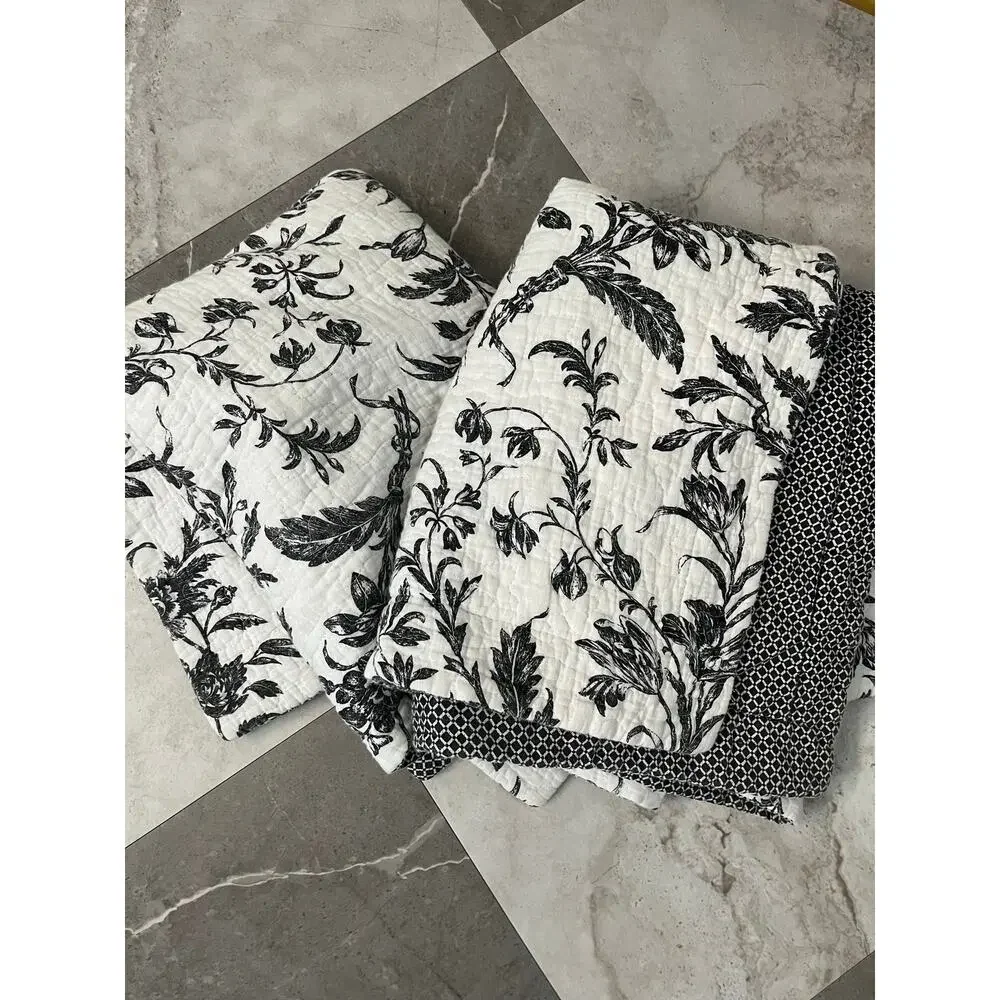 Laura Ashley Black White Toile Floral Quilt Set 87x92 Cotton Cottagecore Bedding - Picture 2 of 5